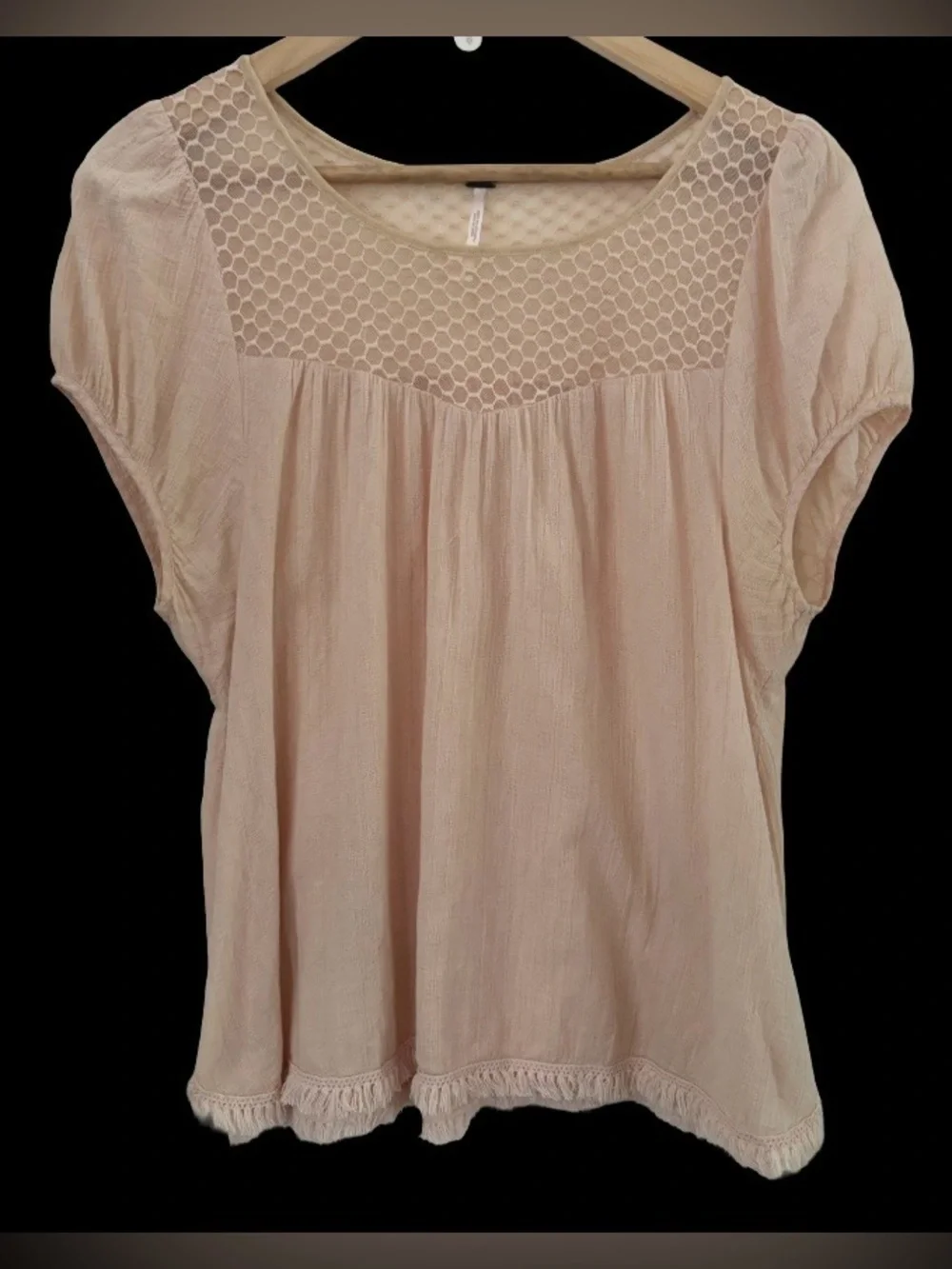 Free People blush peach crochet yoke puff slv tp WM S boho peasant babydoll